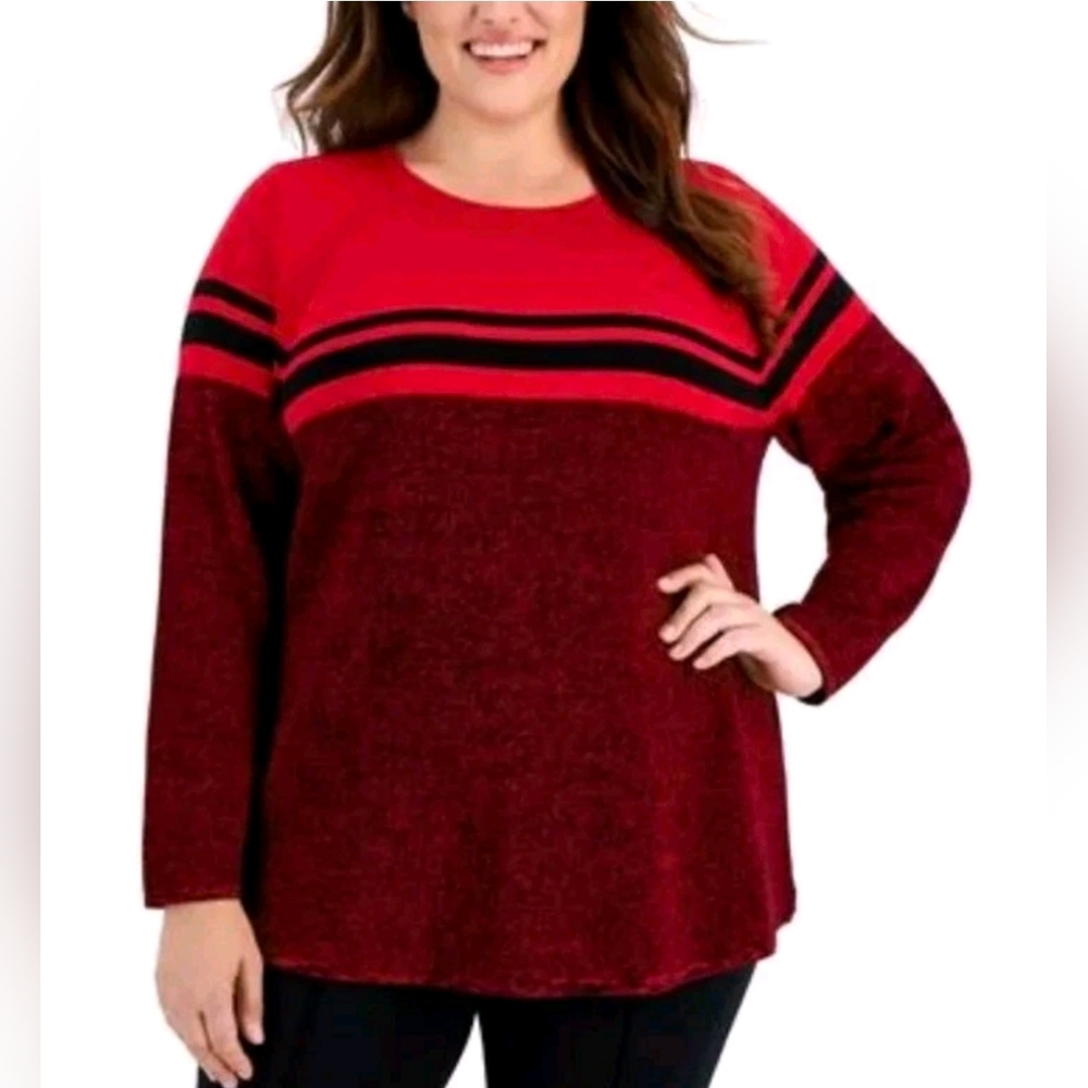 💢4For$20 Karen Scott Knit Sweater Curved Hem Striped Yoke Red Amore Size 4X